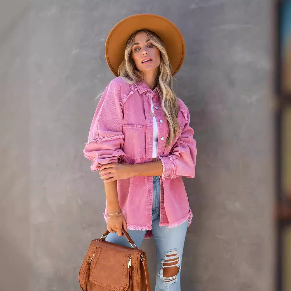 Raw-edge patchwork pocket denim shirt