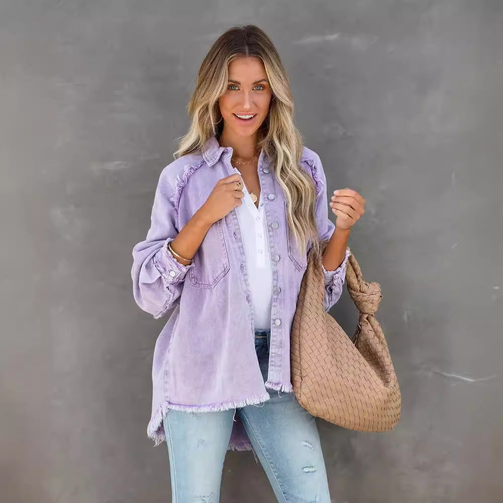 Raw-edge patchwork pocket denim shirt