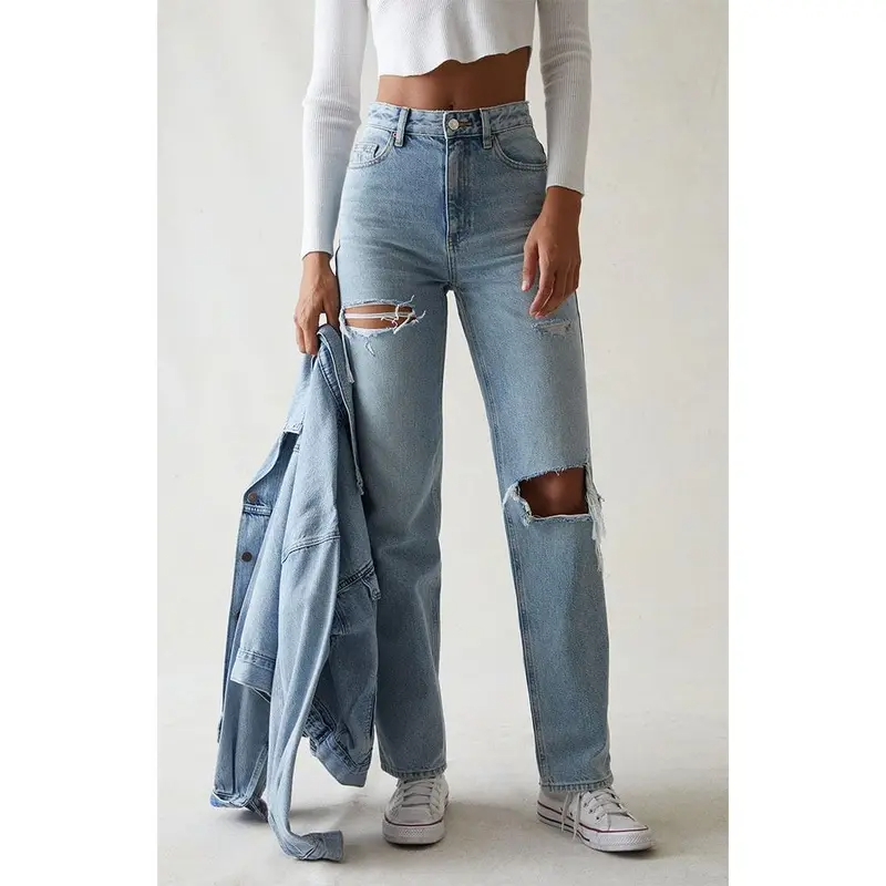 Light Indigo Ripped Straight Leg Jeans